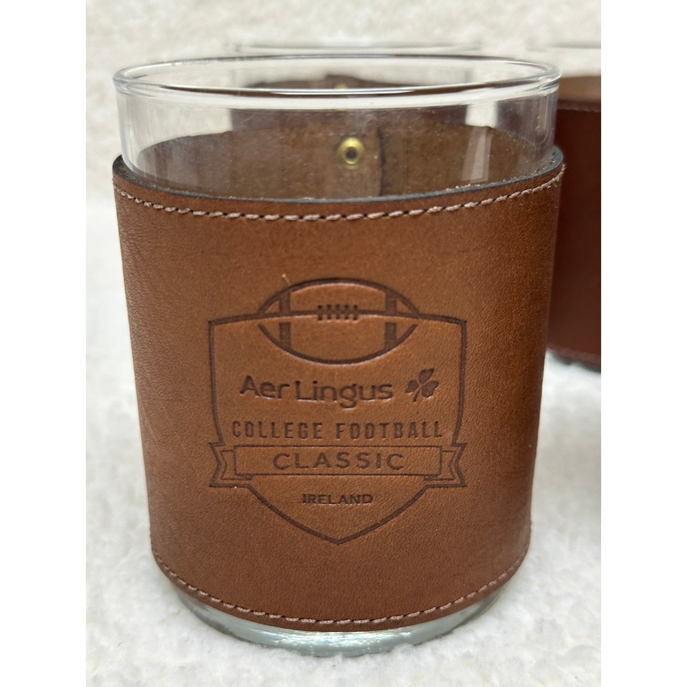 Set of 4 Aer Lingus Rocks Glasses Leather Wrapped College Football Barware